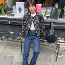 floral jacket and jeans outfit