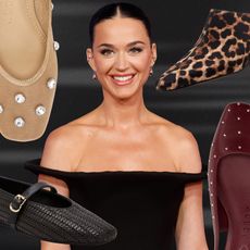 fashion collage featuring Katy Perry and styles from her shoe collection including tan rhinestone flats, leopard-print mule heels, woven black Mary Jane flats, and burgundy studded slingback flats