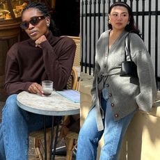 collage of two style influencers Marilyn Nwawulor-Kazemaks and Marina Torres both wearing chic winter outfits with straight-leg jeans