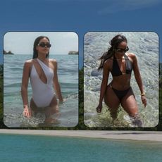 a collage of the best swimsuits for every body type shown on women wearing different types of bathing suits