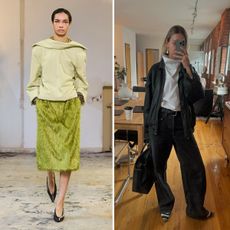 runway images of Carven models and an Instagram image of Vogue editor Madeline Fass wearing the high neckline trend