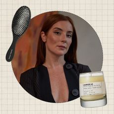 Photo collage of Jenna Perry with a Crown Affair hairbrush and Le Labo candle